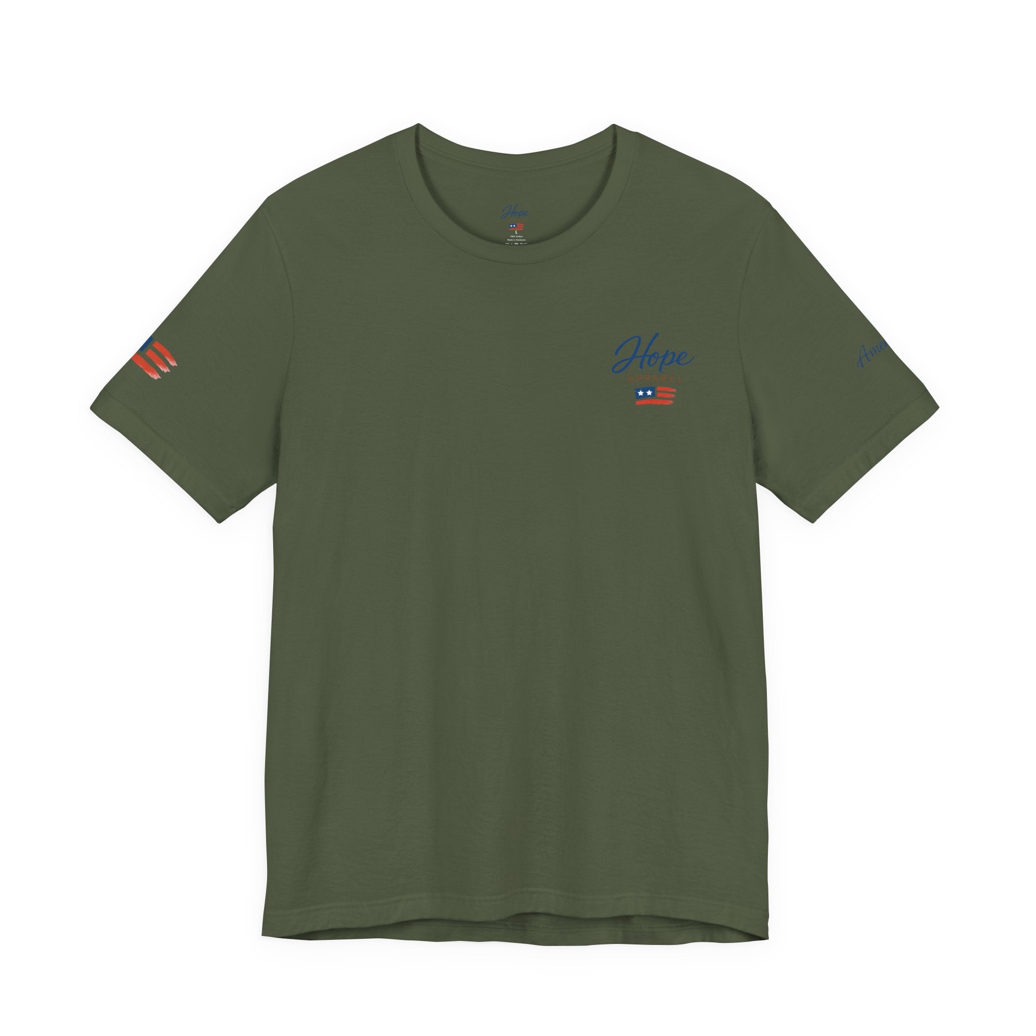 Hope Apparel Small Front - American Cursive Back Patriotic Tee - Unisex Jersey Short Sleeve Tee