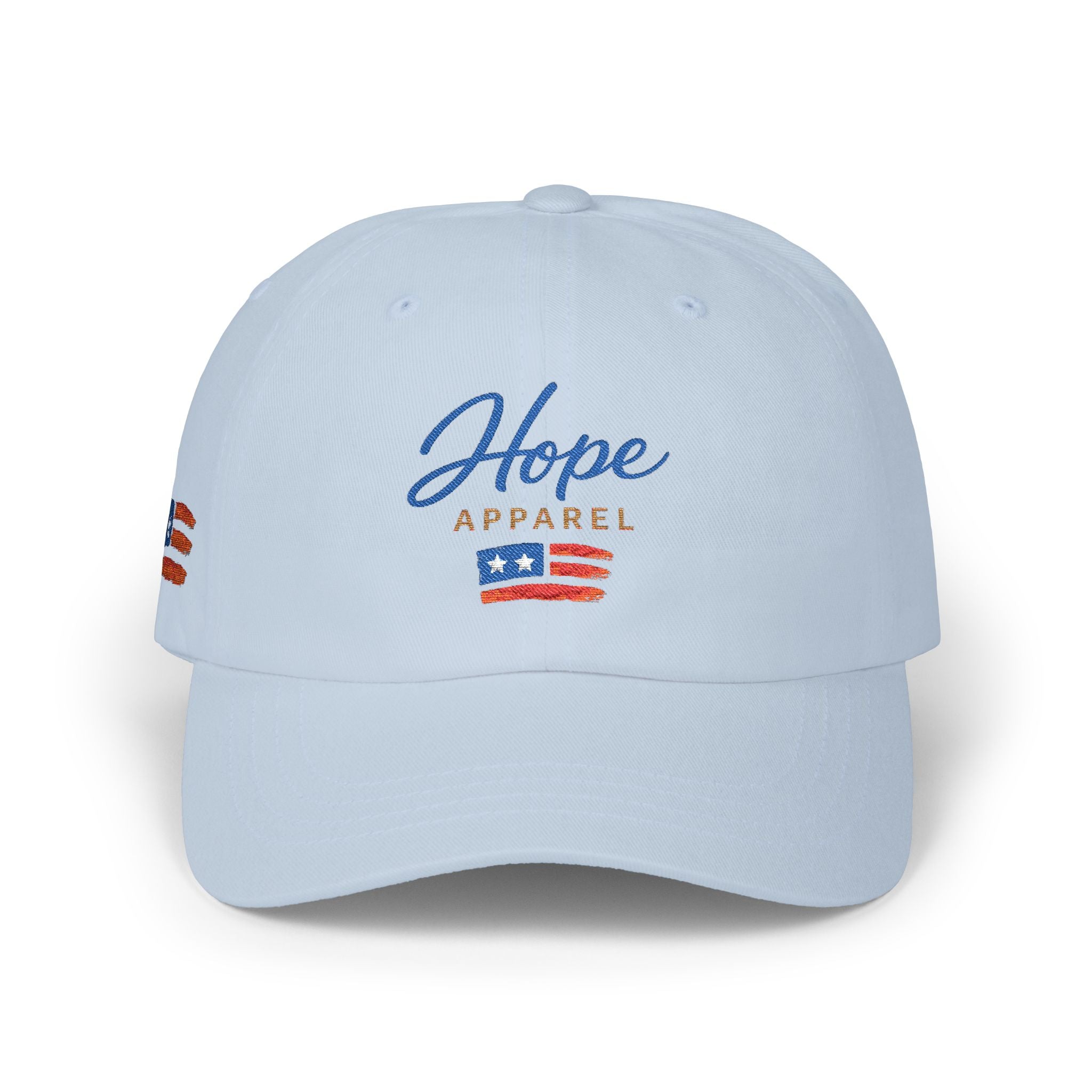 Hope Apparel embroidered American flag Dad Cap | white cotton baseball hat