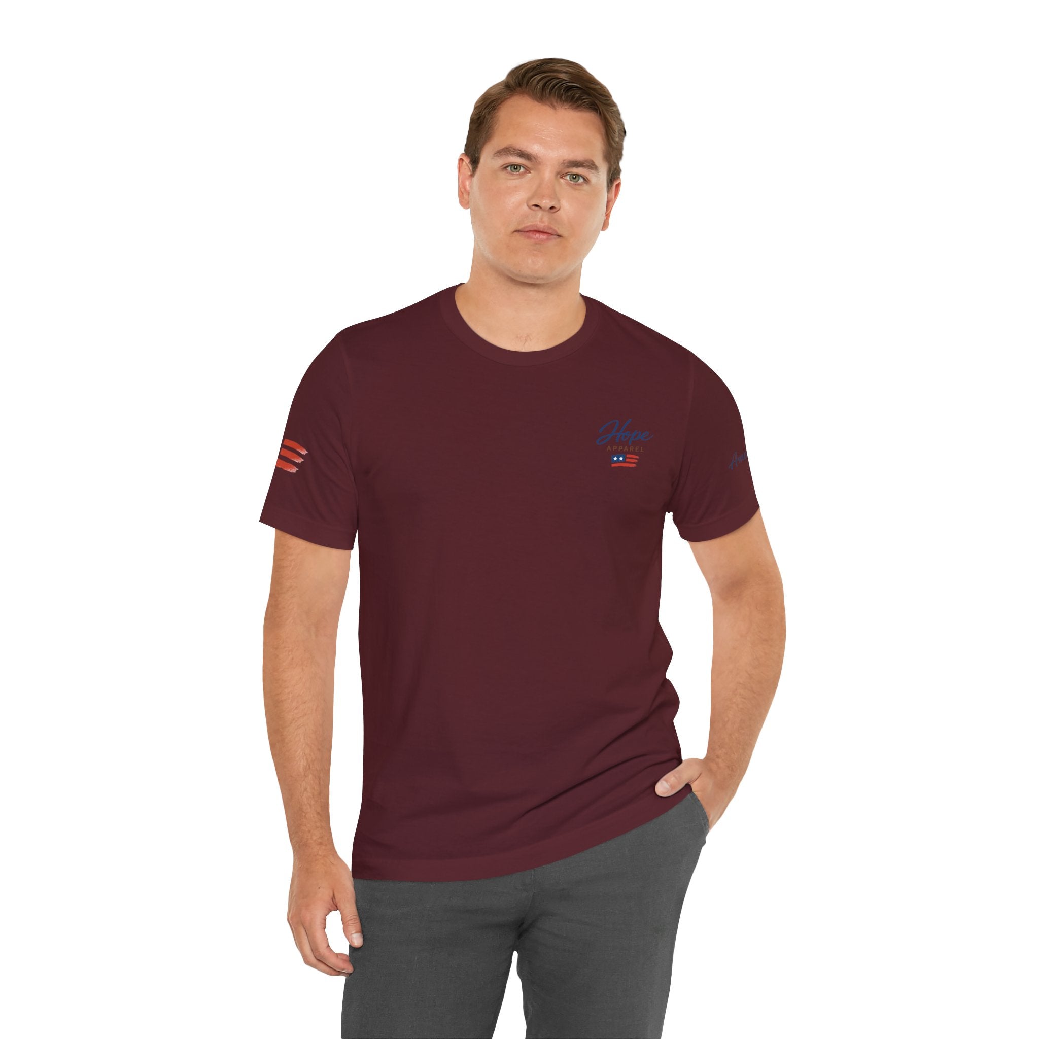 Hope Apparel Small Front - American Cursive Back Patriotic Tee - Unisex Jersey Short Sleeve Tee