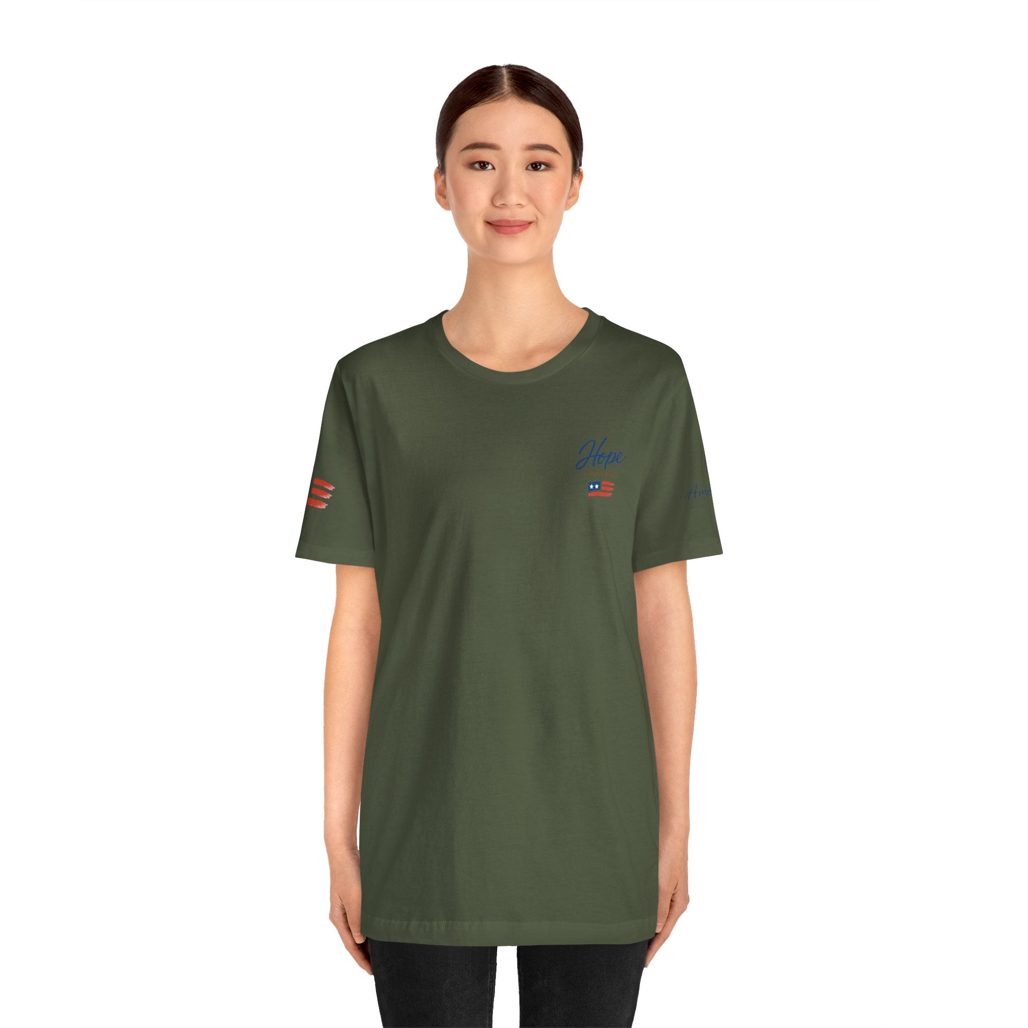 Hope Apparel Small Front - American Cursive Back Patriotic Tee - Unisex Jersey Short Sleeve Tee