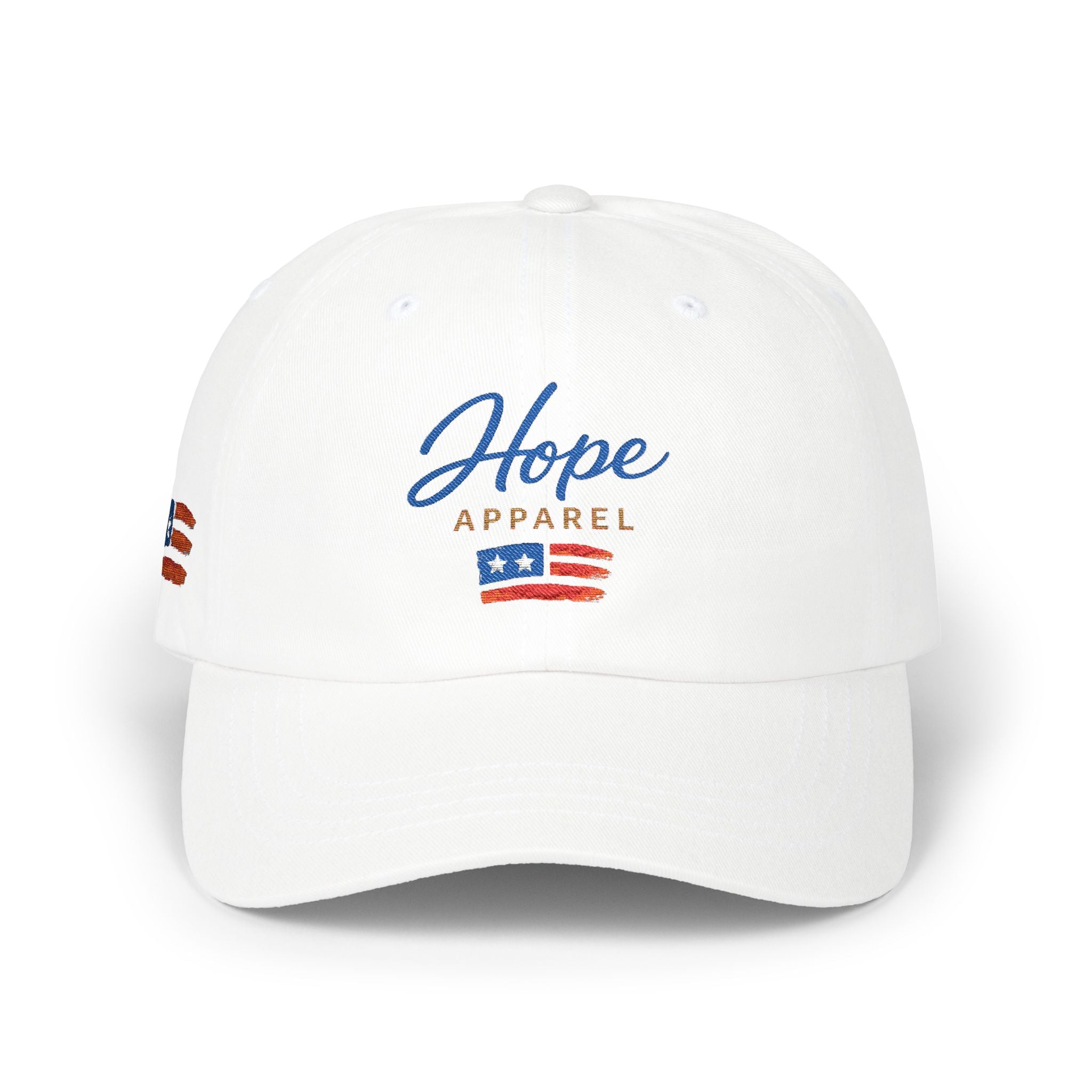 Hope Apparel embroidered American flag Dad Cap | white cotton baseball hat