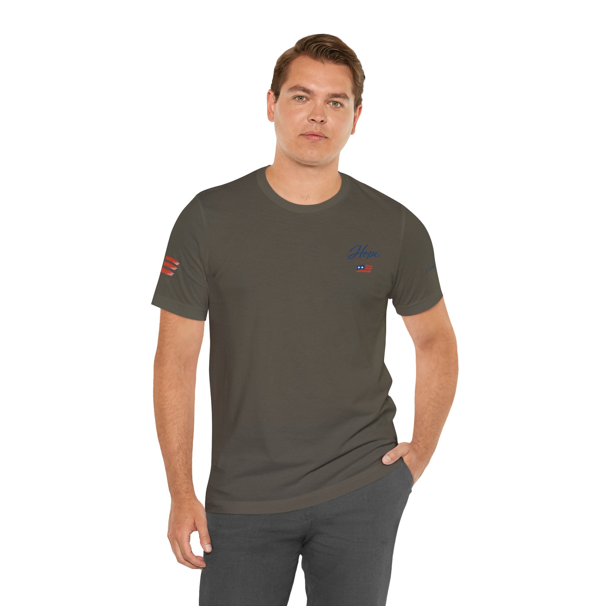 Hope Apparel Small Front - American Cursive Back Patriotic Tee - Unisex Jersey Short Sleeve Tee